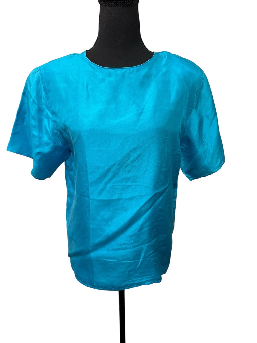 1010 Design Silk Blouse Small Turquoise Blue Short Sleeve Career Chic Top - Picture 2 of 9